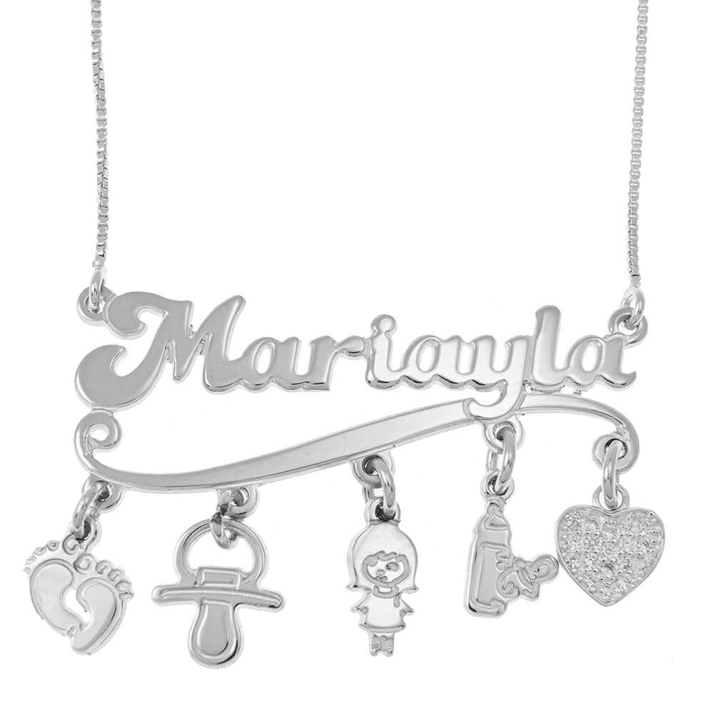 Name Necklace with Underlying Charms silver