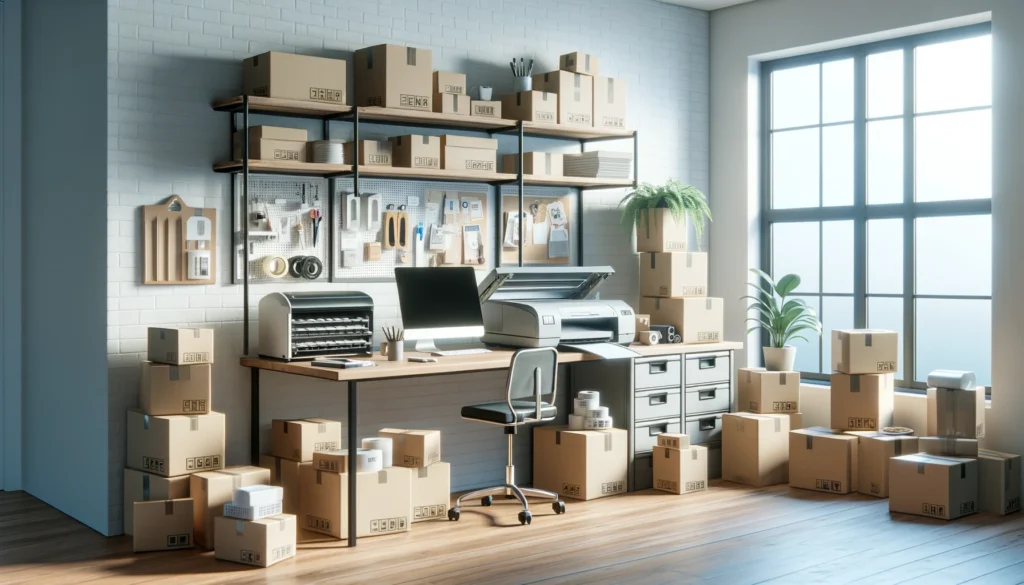 The 3 Essentials To Have In Place When Starting A Business From Home 1 A bright, efficient home shipping station with organized supplies and branded boxes on shelves, illuminated by natural light.