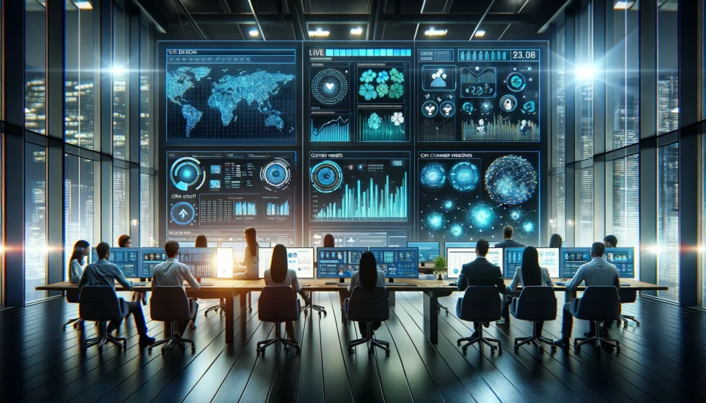 Product Management: Top 5 Strategies for Success 2 Market research analysts deeply engaged in reviewing consumer feedback and data trends in a high-tech office, highlighting the importance of market insights in product management.