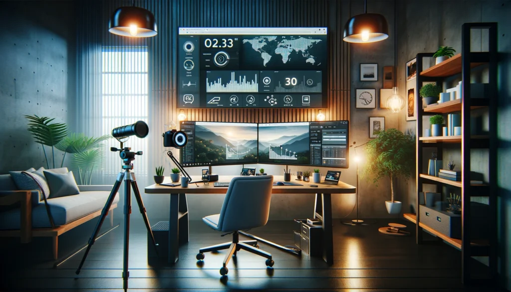 The 3 Essentials To Have In Place When Starting A Business From Home 2 Modern home office with high-end tech and analytics dashboard for strong online business presence, surrounded by greenery.