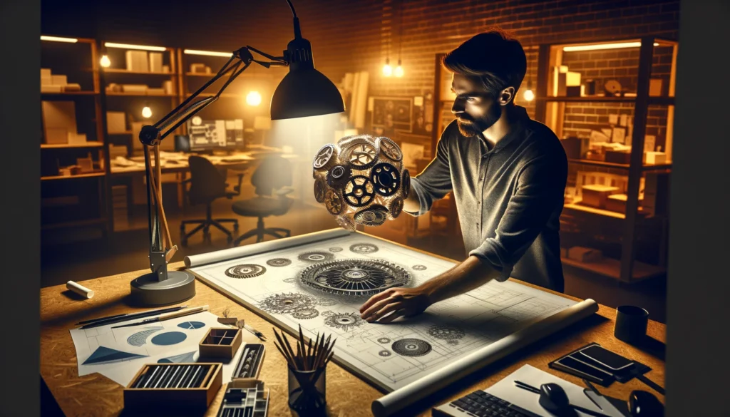 Product Management: Top 5 Strategies for Success 1 A product designer meticulously reviews an intricate product model in a studio, surrounded by tools and sketches, emphasizing the depth of understanding required in product management.