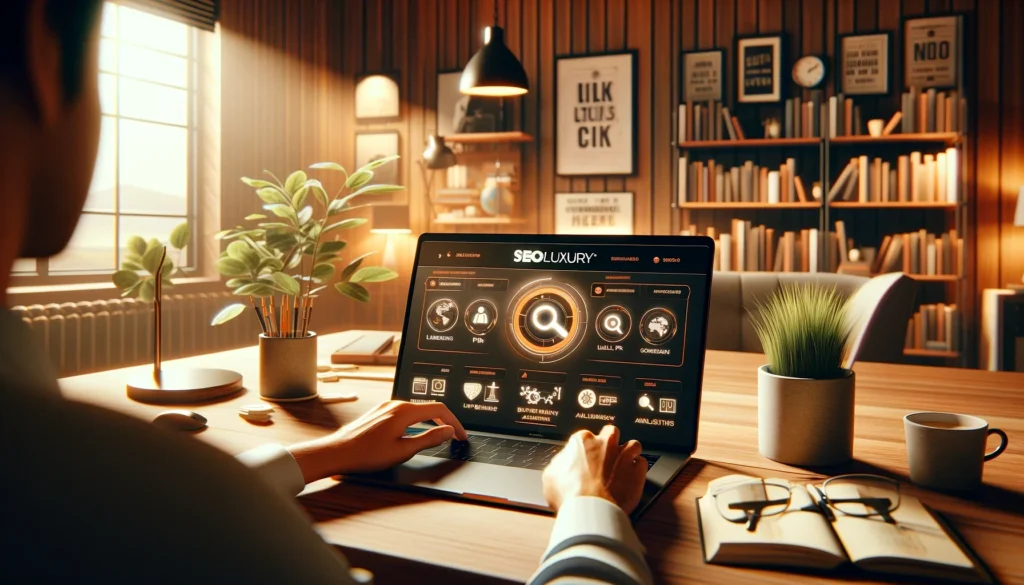 A business professional using the SeoLuxury.com platform on a laptop in a modern office. The screen shows a database of categorized websites with language and category filters. The stylish office environment includes natural lighting, plants, and a coffee cup.