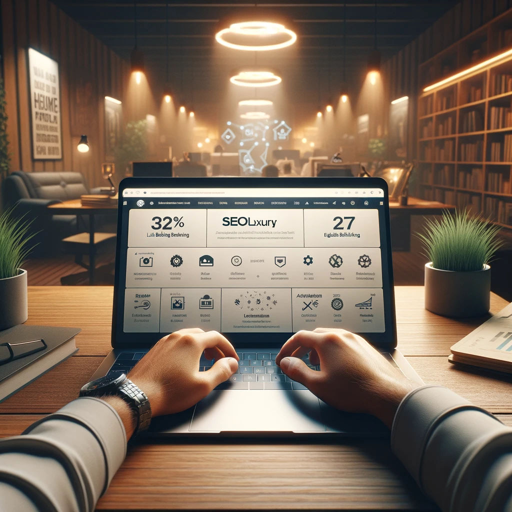 A user navigating the SeoLuxury.com platform on a laptop