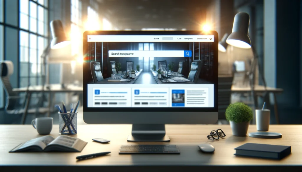 A business website appearing at the top of a search engine results page (SERP) on a modern computer screen. The screen shows highlighted snippets, surrounded by a professional office setting with blurred office plants and desk items. Bright natural lighting emphasizes online visibility and credibility.